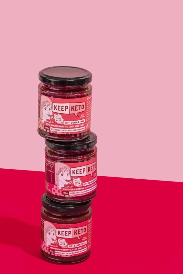 Keep keto strawberry & chia seed jam stacked