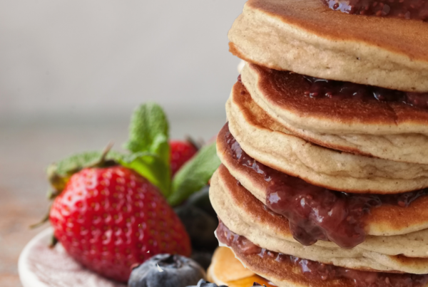 Keto or low carb fluffy pancakes with sugar free strawberry and chia seed jam